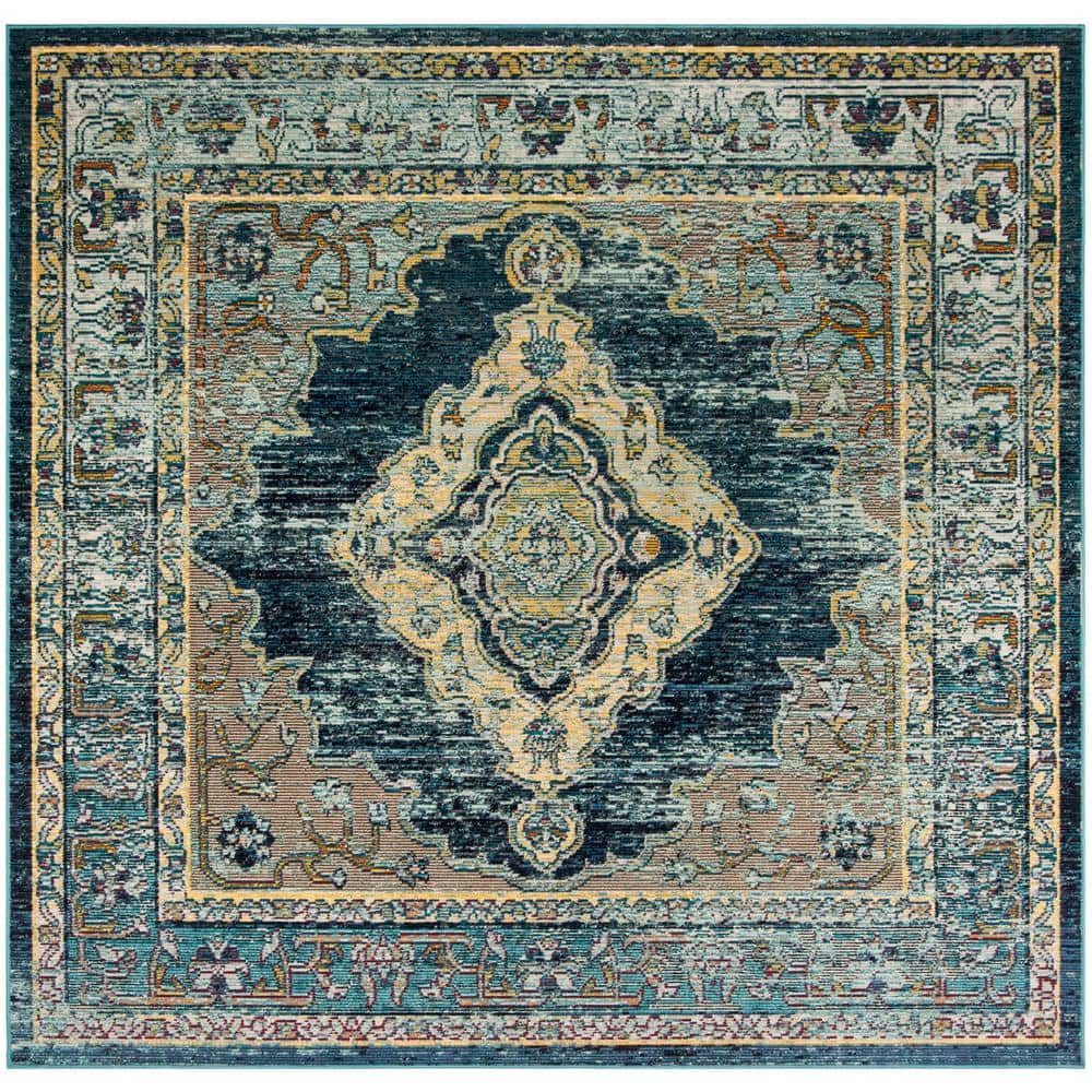 Elysian Blooms Reversible Blue Floral 7' Square Synthetic Rug