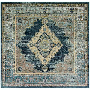 Crystal Blue/Yellow 7 ft. x 7 ft. Square Border Area Rug