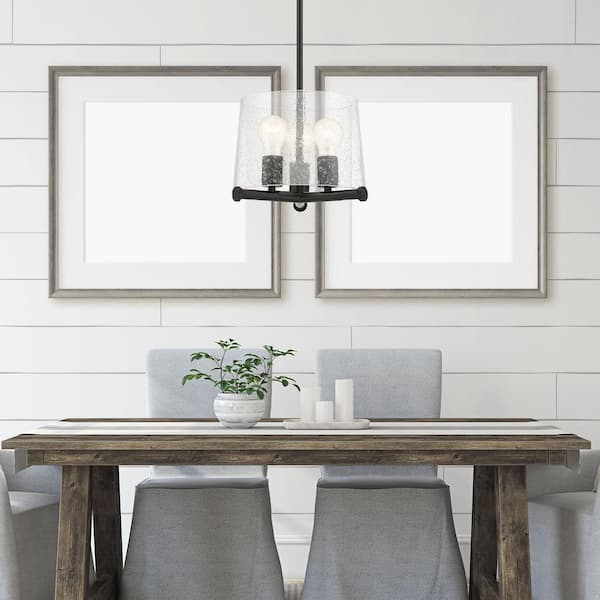 Matteson 60-Watt 3-Light Matte Black Industrial Pendant Light with Clear Seedy Glass Shade and No Bulbs Included