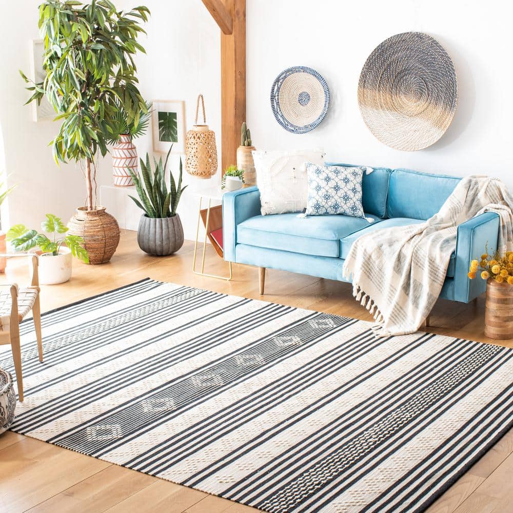 Black and Ivory Striped Wool Cotton Square Rug