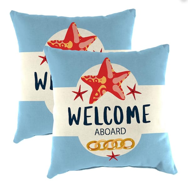 Jordan Manufacturing 16 in. L x 16 in. W x 4 in. T Square Outdoor Throw Pillow in Welcome Aboard Starfish (2-Pack)