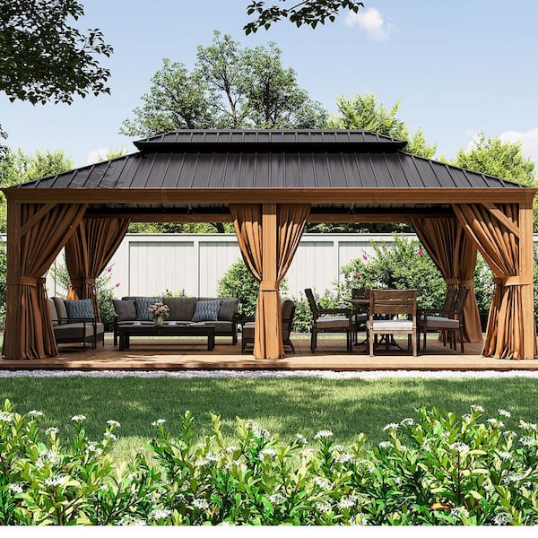 Sizzim 20 ft. x 12 ft. Outdoor Wood Grain Double Galvanized Steel Roof Gazebo with Ceiling Hook, Curtains and Netting
