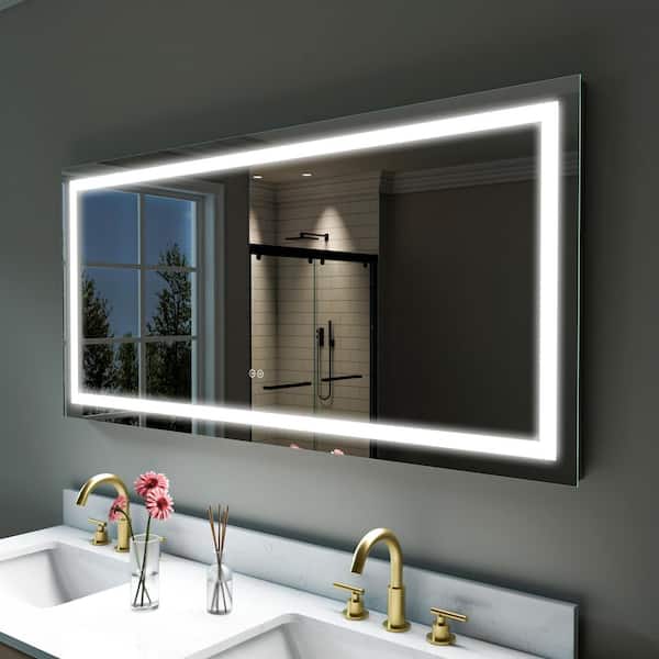 ANGELES HOME 60 in. x 28 in. Large Rectangular Frameless Wall LED Bathroom Vanity Mirror with Lights in Silver, Easy Installation