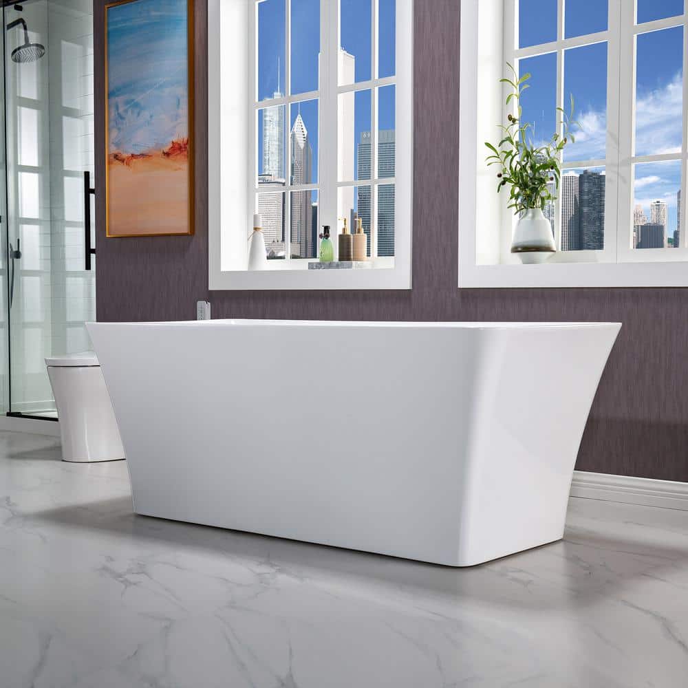 Echo 59'' White Acrylic Freestanding Soaking Bathtub with Brushed Nickel Trim