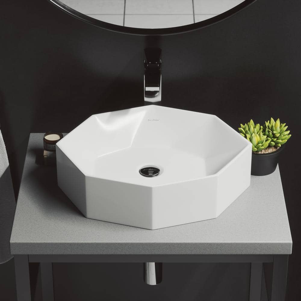 White Geometric Ceramic Above-Counter Vessel Sink