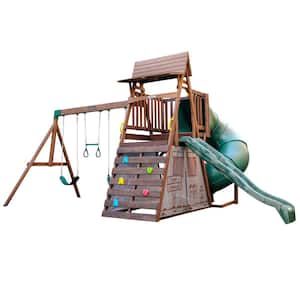 Ranger Retreat Wooden Swing Set/Playset with Tent, Tube Slide and 3-Swings