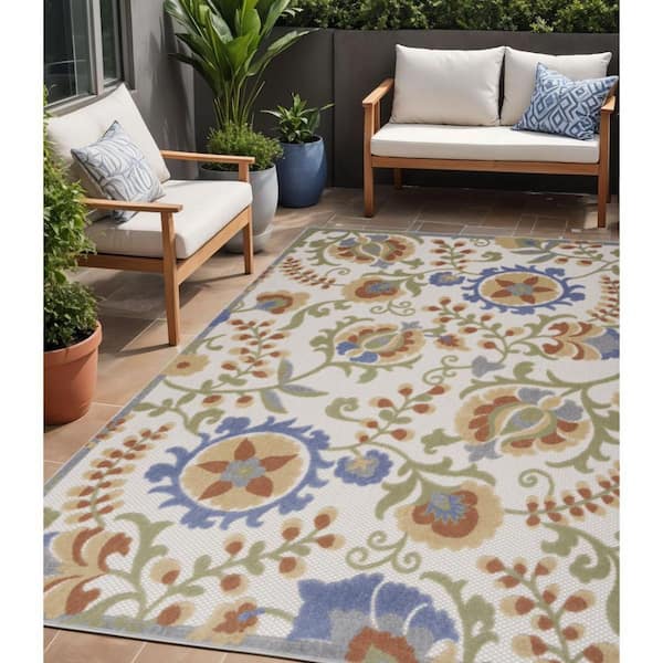 Ivory, Blue 5 ft. x  7 ft. Woven Abstract Polyester Runner Indoor/Outdoor Area Rug