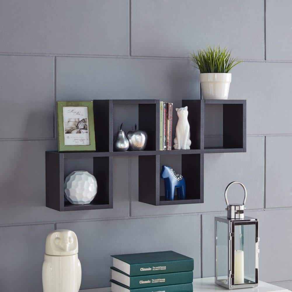 Black MDF Contemporary Floating Wall Shelf with Cubby Holes