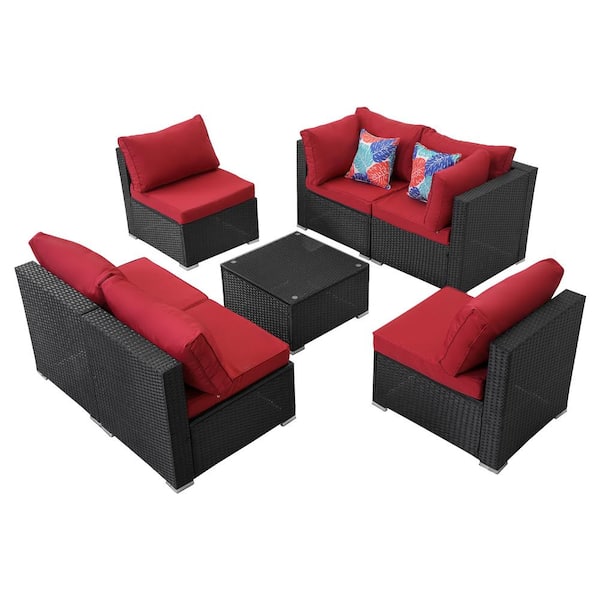 Tenleaf 7-Piece Black Wicker Outdoor Patio Sectional Sofa Conversation Set with Red Cushions