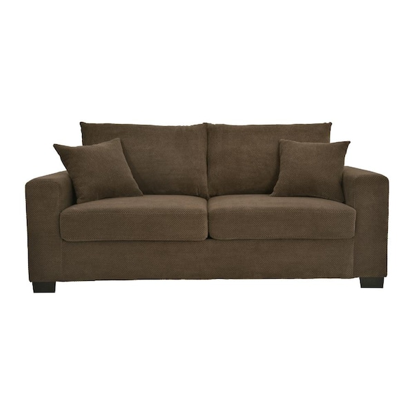 69 in. Textured Fabric 2-Seater with Throw Pillows Loveseat in Coffee durable construction