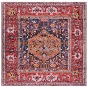 Tuscon Navy/Rust 6 ft. x 6 ft. Machine Washable Floral Border Square Area Rug