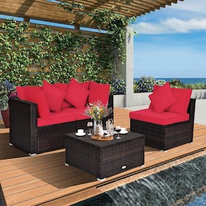 4-Piece Wicker Outdoor Sectional Set with Red Cushioned