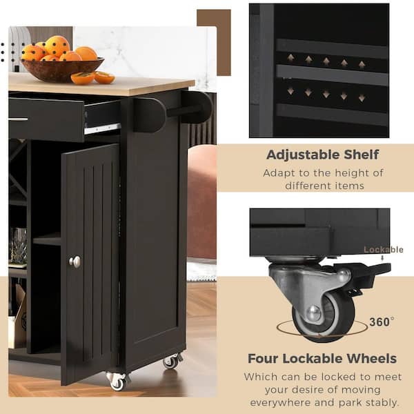 Walsunny Kitchen Storage Island Cart with 3 Open Shelves, 2 Drawers and 2  Cabinets, Kitchen Cart on Wheels with Handle/Towel Rack Black 