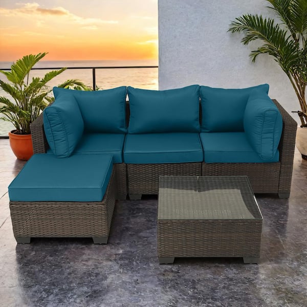 Unbranded 5-Piece Brown Wicker Outdoor Sectional Set with Peacock Blue Cushions and Coffee Table