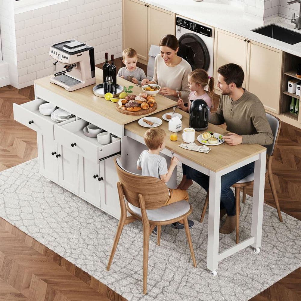 Runesay Farmhouse Off White and Oak Wood 70.5 in. Rolling Kitchen