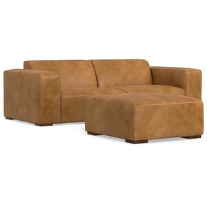 Rex 88 inch Straight Arm Genuine Leather Rectangle 2-Seater Modular Sofa and Ottoman Set in. Sienna