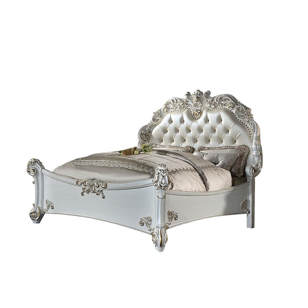 Vendome Queen Bed with Antique Pearl Finish and Tufted Upholstery