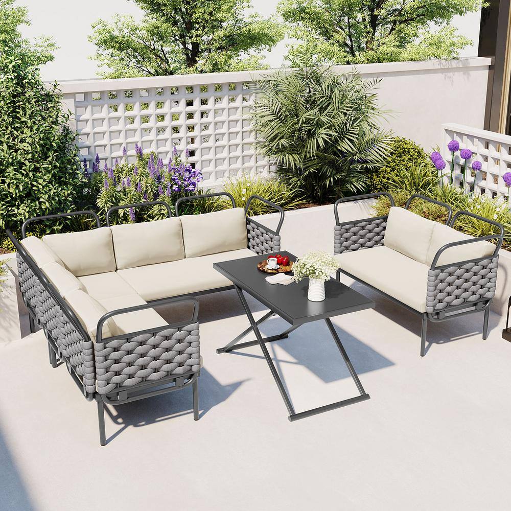 5-Piece Modern Gray Metal Patio Conversation Set with with Glass Table and Beige Cushions price history on PriceWatchPro