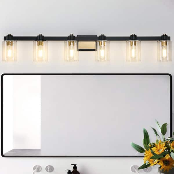 50 in. 6-Light Matte Black and Gold Bathroom Vanity Light with Clear Glass Shades