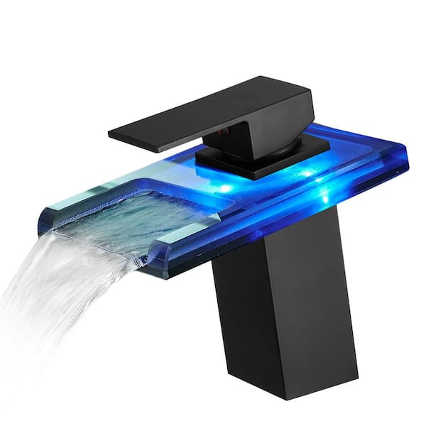 Unbranded Single Handle One Hole Deck Mounted Bathroom Faucet with LED Light 3 Colors Changing Waterfall Glass Spout in Black