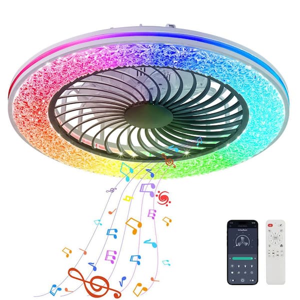23 in. Smart RGB Indoor White Ceiling Fans with Lights and Remote, Caged Flush Mount Ceiling Fan Low Profile for Bedroom