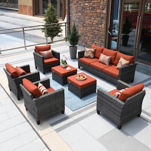 New Vultros Gray 7-Piece Wicker Outdoor Patio Conversation Seating Set with Orange Red Cushions