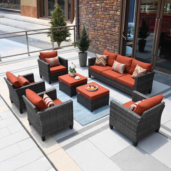 OVIOS New Vultros Gray 7-Piece Wicker Outdoor Patio Conversation Seating Set with Orange Red Cushions
