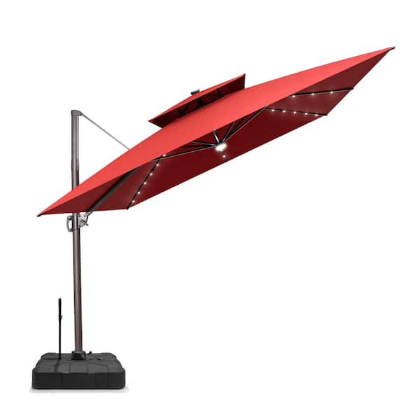 Double Top 11.5 ft x 11.5 ft.Solar LED Outdoor Tiltable Cantilever Patio Umbrella in Red with 300lbs.Wheeled Base