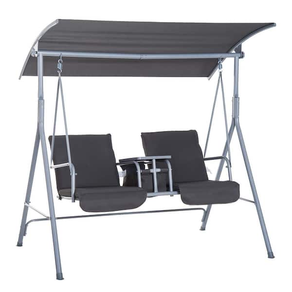 Huluwat 69 in. 2-Person Gray Metal Frame Patio Swing with Canopy, Cushions, Pivot Storage Table and 2-Cup Holders