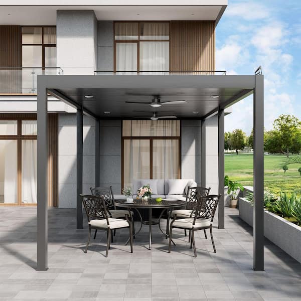 10 ft. x 20 ft. Dark Gray Aluminum Patio Pergola with Built-In Solar Panel, Ceiling Fan and Round LED Light