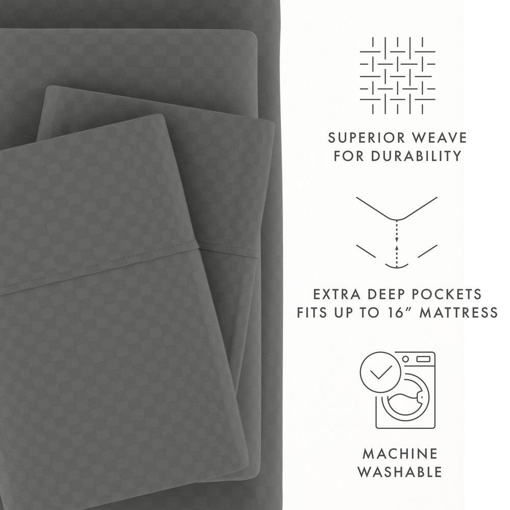 Gray Queen Checkered Embossed Deep Pocket Bed Sheet Set