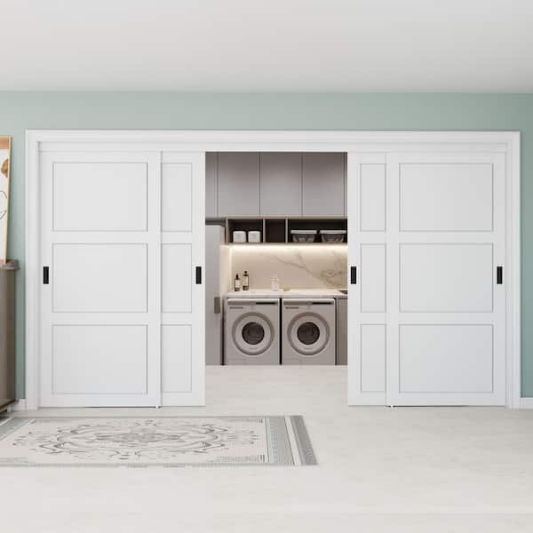 144 in. x 96 in. Paneled 3-Lite Blank Pattern White Primed MDF Sliding Door with Hardware and Black Handles