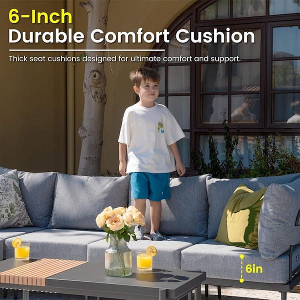 5-Piece Outdoor Conversation Furniture Set with Coffee Table, Gray Frame and Grey Cushions