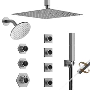 Thermostatic 8-Spray 12 and 6 in. Dual Shower Head Ceiling Mount Fixed and Handheld Shower Head in Brushed Nickel