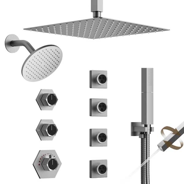 YAWWALK Thermostatic 8-Spray 12 and 6 in. Dual Shower Head Ceiling Mount Fixed and Handheld Shower Head in Brushed Nickel