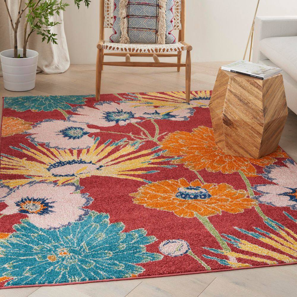 Allur Floral Essence Red Multicolor 5'3" x 7'3" Synthetic Area Rug