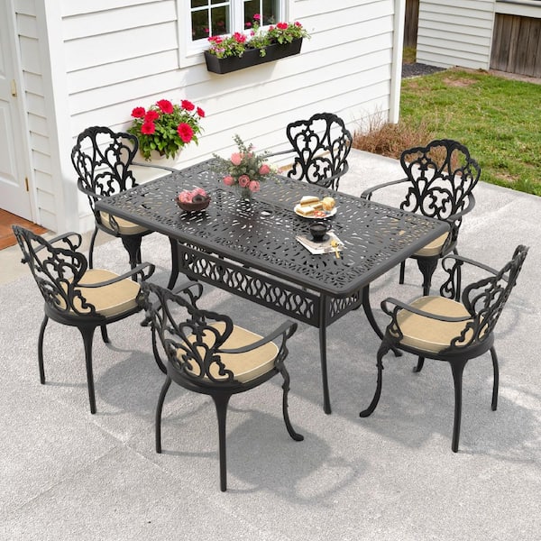 Willit Lily Black 7-Piece Cast Aluminum Outdoor Dining Set with Rectangle Table and Dining Chairs with Random Color Cushion