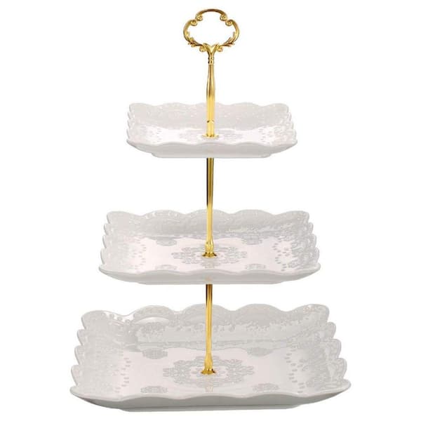 3 Tier White Porcelain Cake Stand Square Embossed Dessert Stand, Weddings Parties Pastry Serving Tray