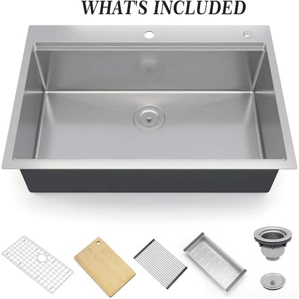 Stainless Steel Drop-in Kitchen Sink, Single Bowl with Drainboard, Cutting Board, Dish Rack, Colander, Strainer