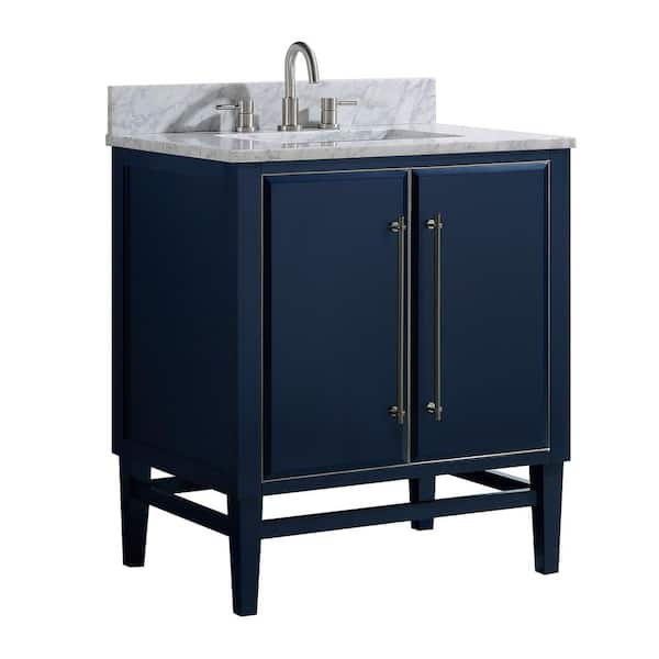 Mason 31 in. Single Sink Navy Blue with Silver Trim Bath Vanity with Carrara White Marble Top