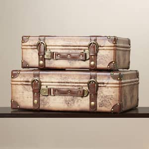 17 in. x 12 in. x 6 in. Wood and Faux Leather Old World Map Vintage Style Suitcase with Straps, Set of 2