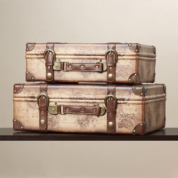 Vintiquewise 17 in. x 12 in. x 6 in. Wood and Faux Leather Old World Map  Vintage Style Suitcase with Straps, Set of 2 QI003048.2 - The Home Depot