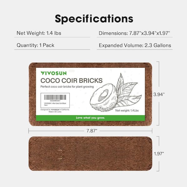 VIVOSUN 1.4 lbs. Organic Compressed Coconut Coir Brick Coconut