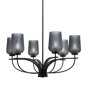 Olympia 6-Light Matte Black Round Chandelier with 5 in. Smoke Textured Glass Shades, No bulbs included