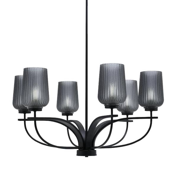 Unbranded Olympia 6-Light Matte Black Round Chandelier with 5 in. Smoke Textured Glass Shades, No bulbs included