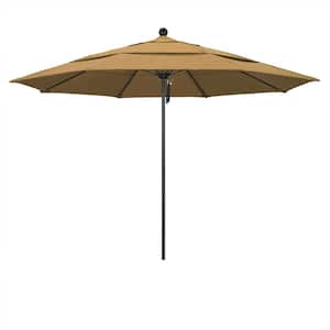 11 ft. Black Aluminum Commercial Market Patio Umbrella with Fiberglass Ribs and Pulley Lift in Straw Olefin