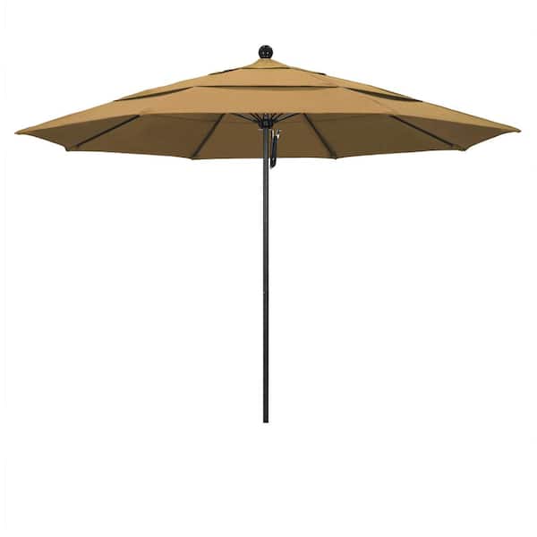 California Umbrella 11 ft. Black Aluminum Commercial Market Patio Umbrella with Fiberglass Ribs and Pulley Lift in Straw Olefin