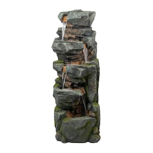 52 in. Tall 5-Tier Polyresin Fountain, Natural Rock Stone Water Feature, Large Freestanding Fountain with LED Light