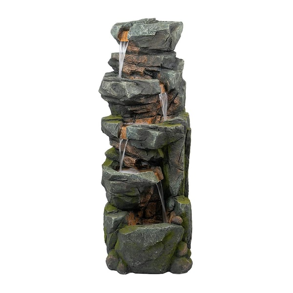 AUTMOON 52 in. Tall 5-Tier Polyresin Fountain, Natural Rock Stone Water Feature, Large Freestanding Fountain with LED Light