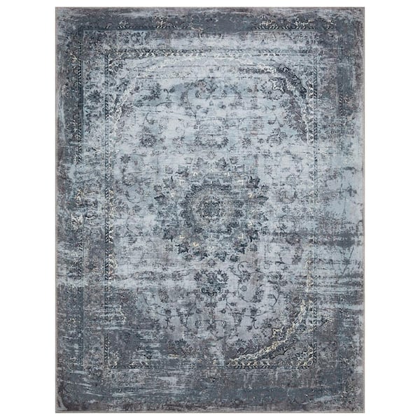 Ottomanson Non Shedding Washable Wrinkle-free Flatweave Medallion 4x6 Indoor Living Room Area Rug, 4 ft. x 6 ft.,Bluish Gray
